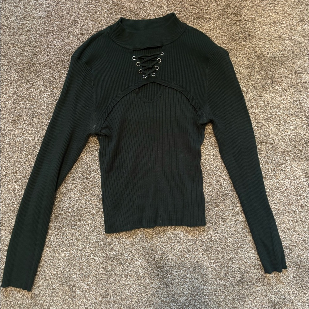 No Boundaries Black Ribbed Long-Sleeve Lace-Up Mock Neck Top